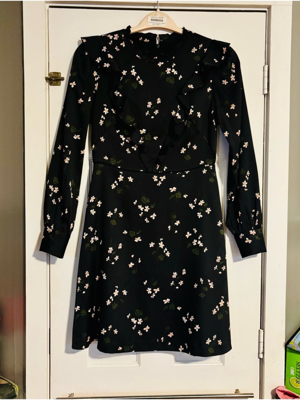 Ann Taylor Black Floral Ruffle Long-Sleeve Dress with Pink Blossoms